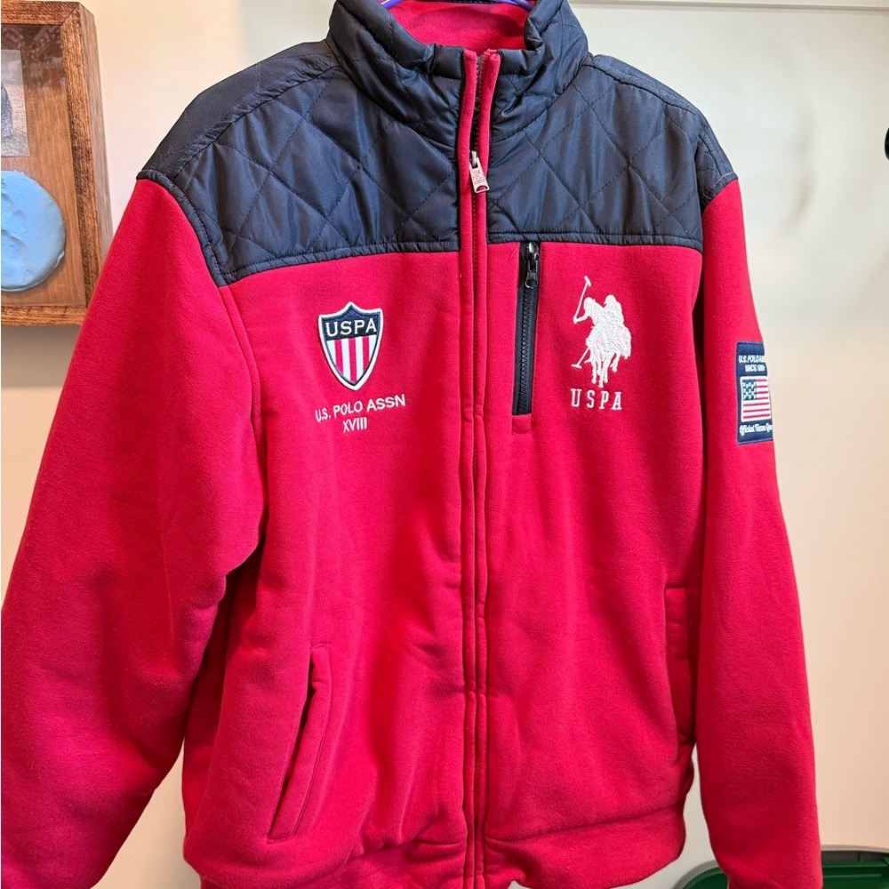 U.S. Polo Assn. Red Fleece Jacket with Black Quilted Yoke